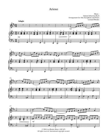 Bach - Arioso, for Alto Saxophone and Piano (arr. Len Rhodes)