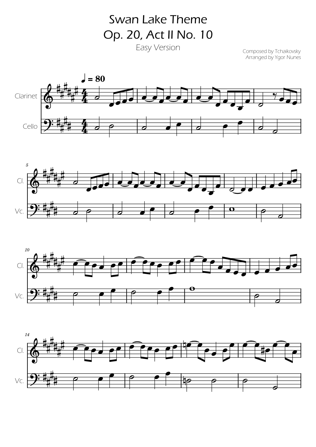 Swan Lake (theme) - Tchaikovsky - Cello and Clarinet Duet (arr. Ygor Nunes)