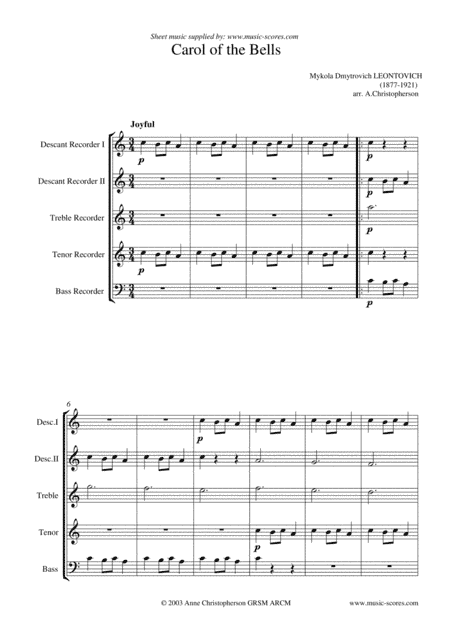 Carol of the Bells - Recorder Quintet (arr. Anne L Christopherson GRSM ARCM)