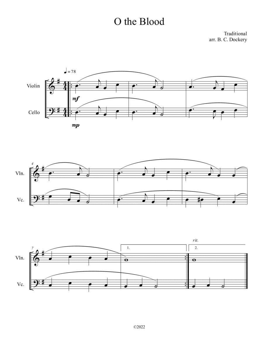O the Blood (Violin and Cello Duet) (arr. B. C. Dockery)