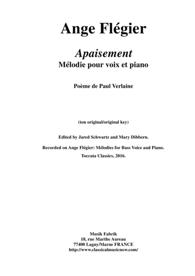 Ange Flégier:  Apaisement for medium voice and piano (arr. Musik Fabrik Music Publishing)