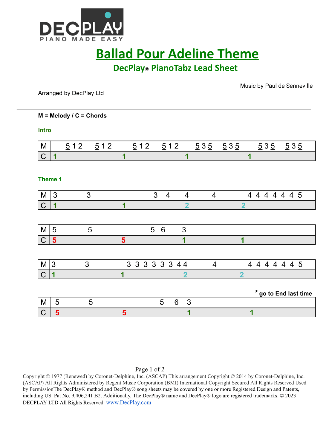 Ballade Pour Adeline (arr. DecPlay Ltd)