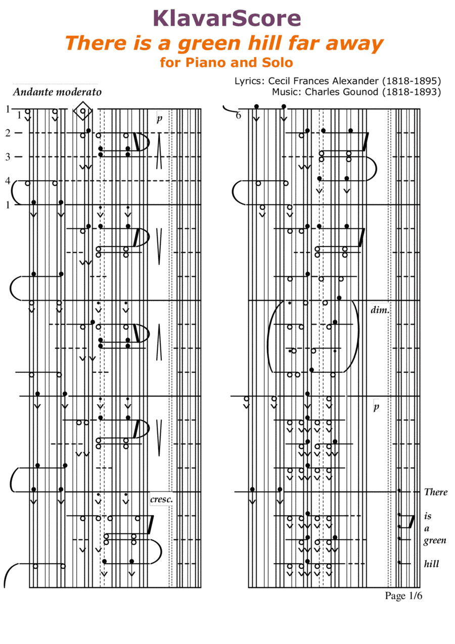 "There is a green hill far away" for Piano and Solo, transcribed to KlavarScore (A5) (arr. KlavarScore)