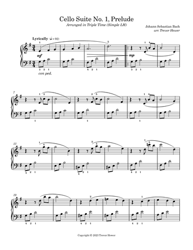 Bach’s Cello Suite No. 1, Prelude (Arranged in 3/4 for Early Piano) (arr. Trevor Hewer)