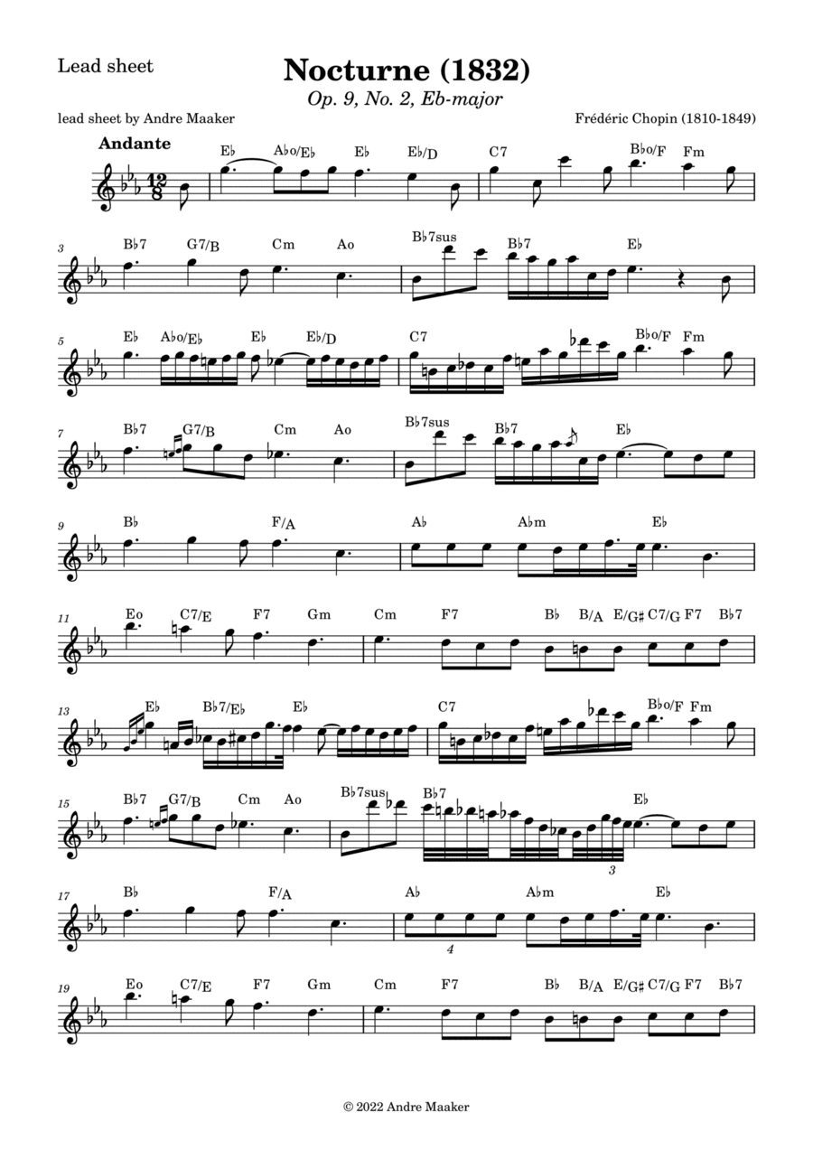 Frederic Chopin - Nocturne in E-flat major, Op.9, No.2 - lead sheet (arr. Andre Maaker)