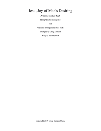 Jesu, Joy of Man's Desiring String Quartet w opt Trumpet (arr. Craig Duncan)
