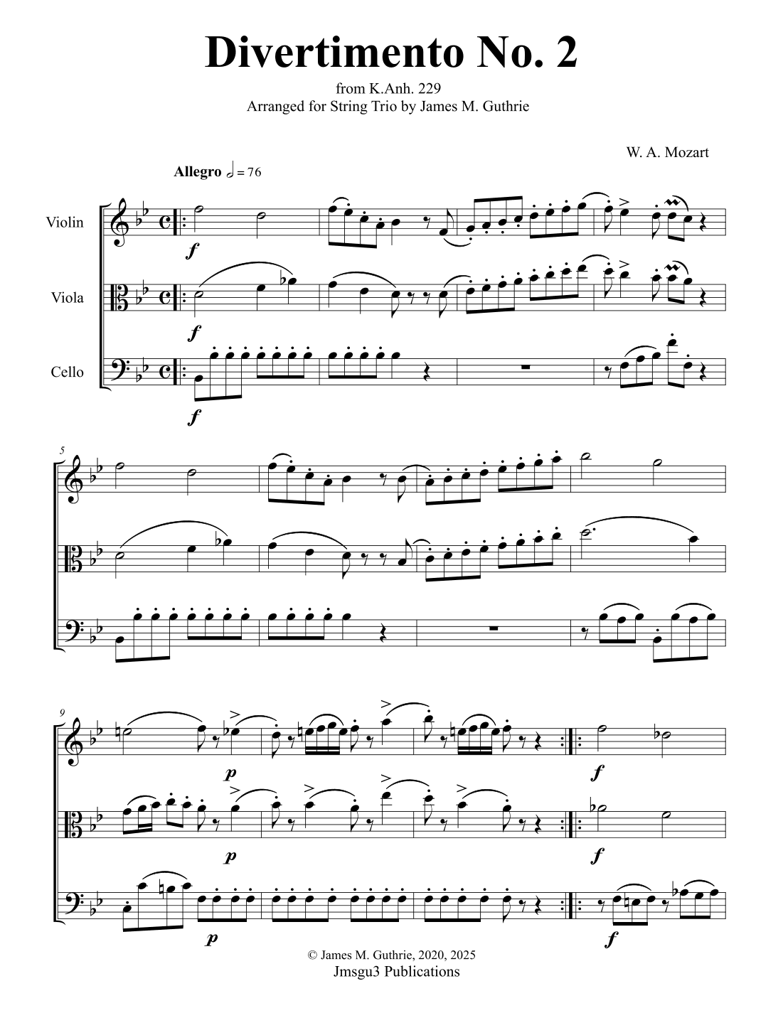 Mozart: Divertimento No. 2 for String Trio (arr. James M. Guthrie)