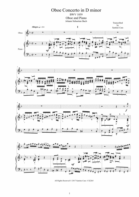 Bach - Oboe Concerto in D minor BWV 1059 for Oboe and Piano - Score and Part (arr. Santino Cara)