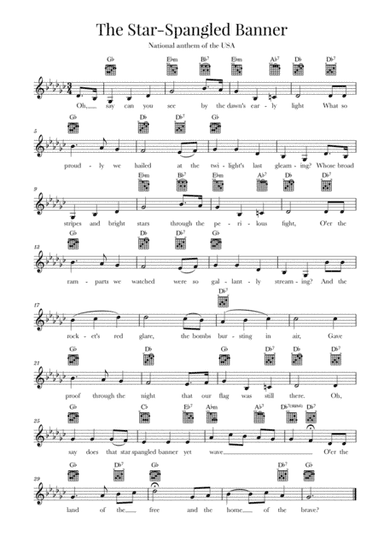 The Star Spangled Banner (National Anthem of the USA) - Guitar - G-flat Major (arr. Cadenza Editions)