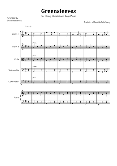 Greensleeves (For String Quintet and Easy Piano) (arr. Daniel Nakamura)