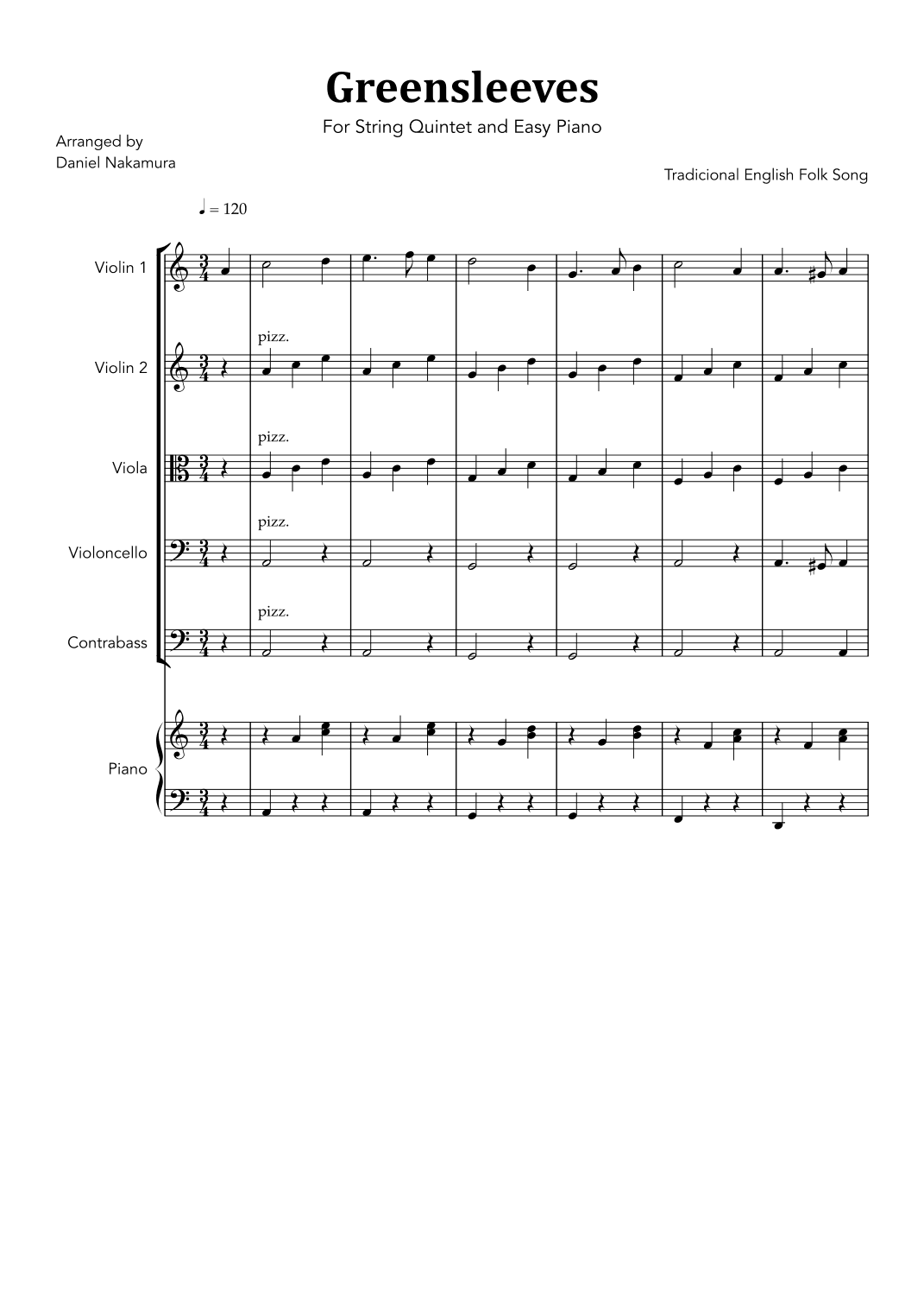 Greensleeves (For String Quintet and Easy Piano) (arr. Daniel Nakamura)