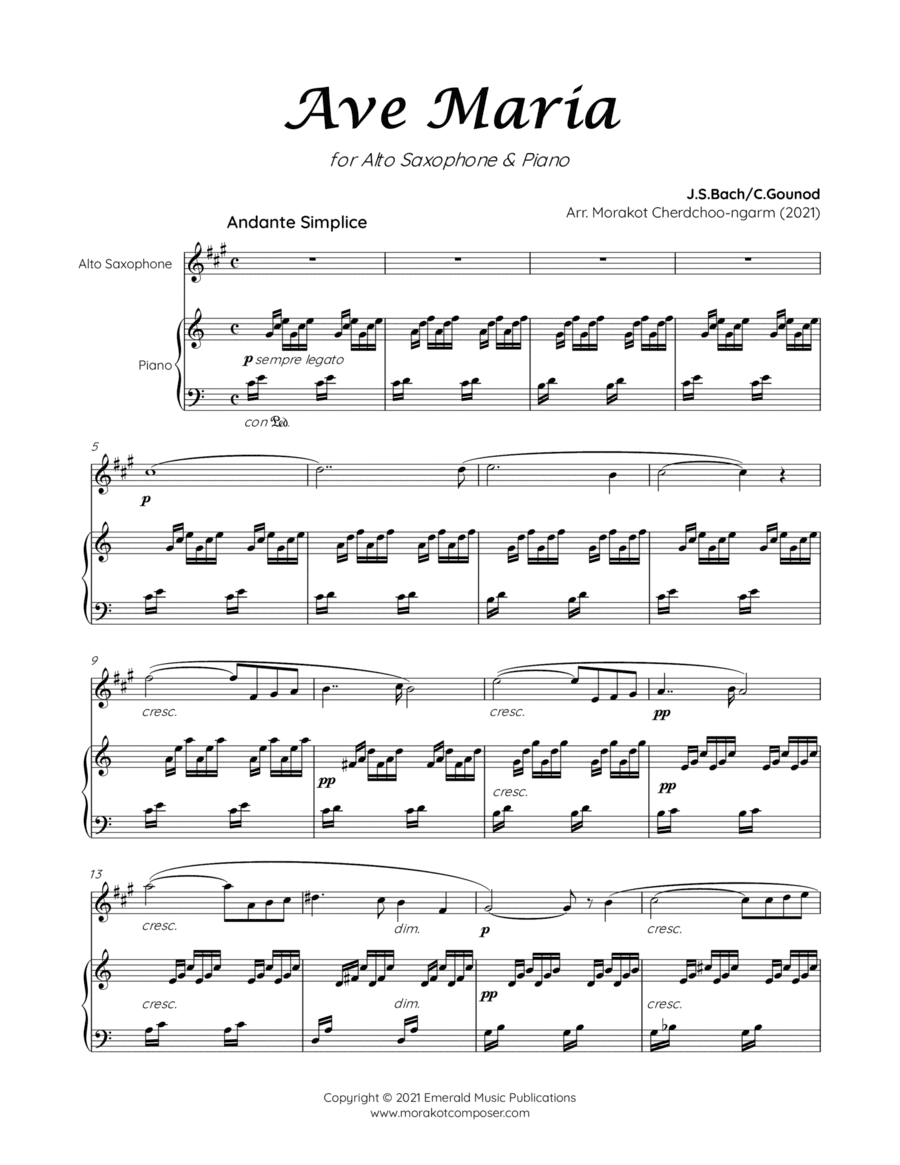 AVE MARIA GOUNOD for Alto Saxophone & Piano (arr. Morakot Cherdchoo-ngarm)