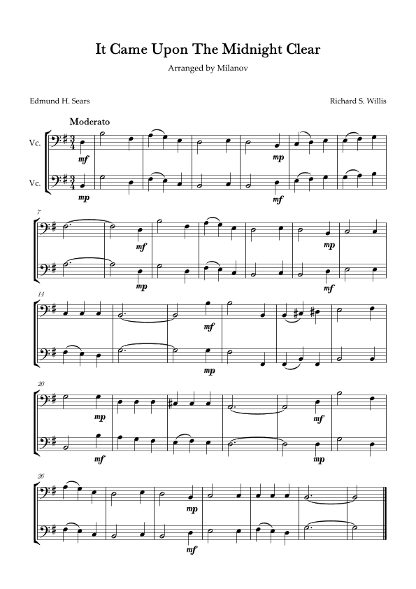 It Came Upon The Midnight Clear Cello Duet in G Easy Intermediate (arr. Milanov)