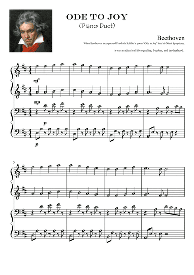 ODE TO JOY (Beethoven) Piano Duet Early Intermediate Grade 2 (arr. Harmony Valarie @ Teacher Valarie)