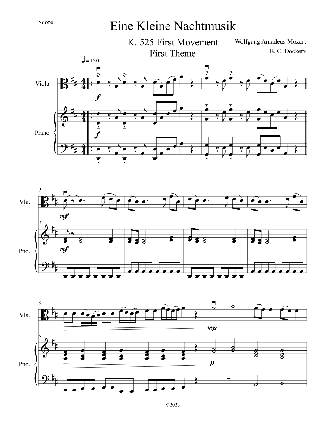 Eine Kleine Nachtmusik (A Little Night Music) for Viola Solo with Piano Accompaniment (arr. B. C. Dockery)