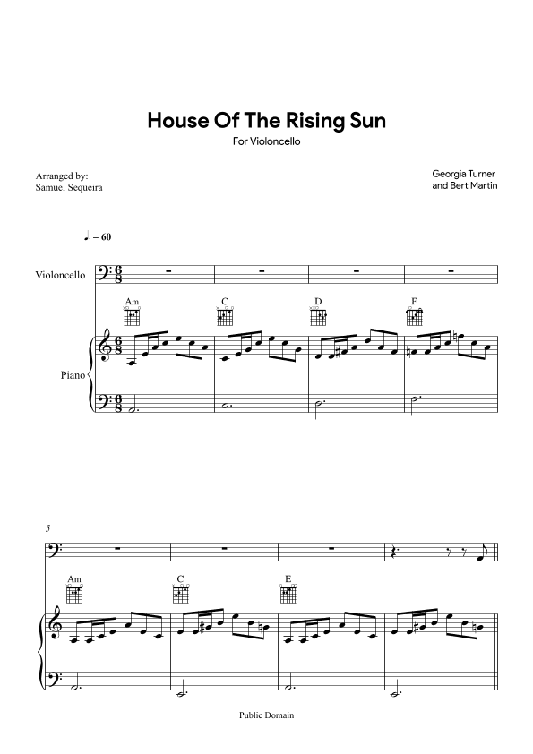House of the Rising Sun - for Cello - with play along (arr. Samuel Sequeira)