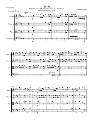 SPRING (La Primavera), 1st Mov, String Quartet, Intermediate Level for 2 violins, viola and cello (arr. Sherry Lewis)