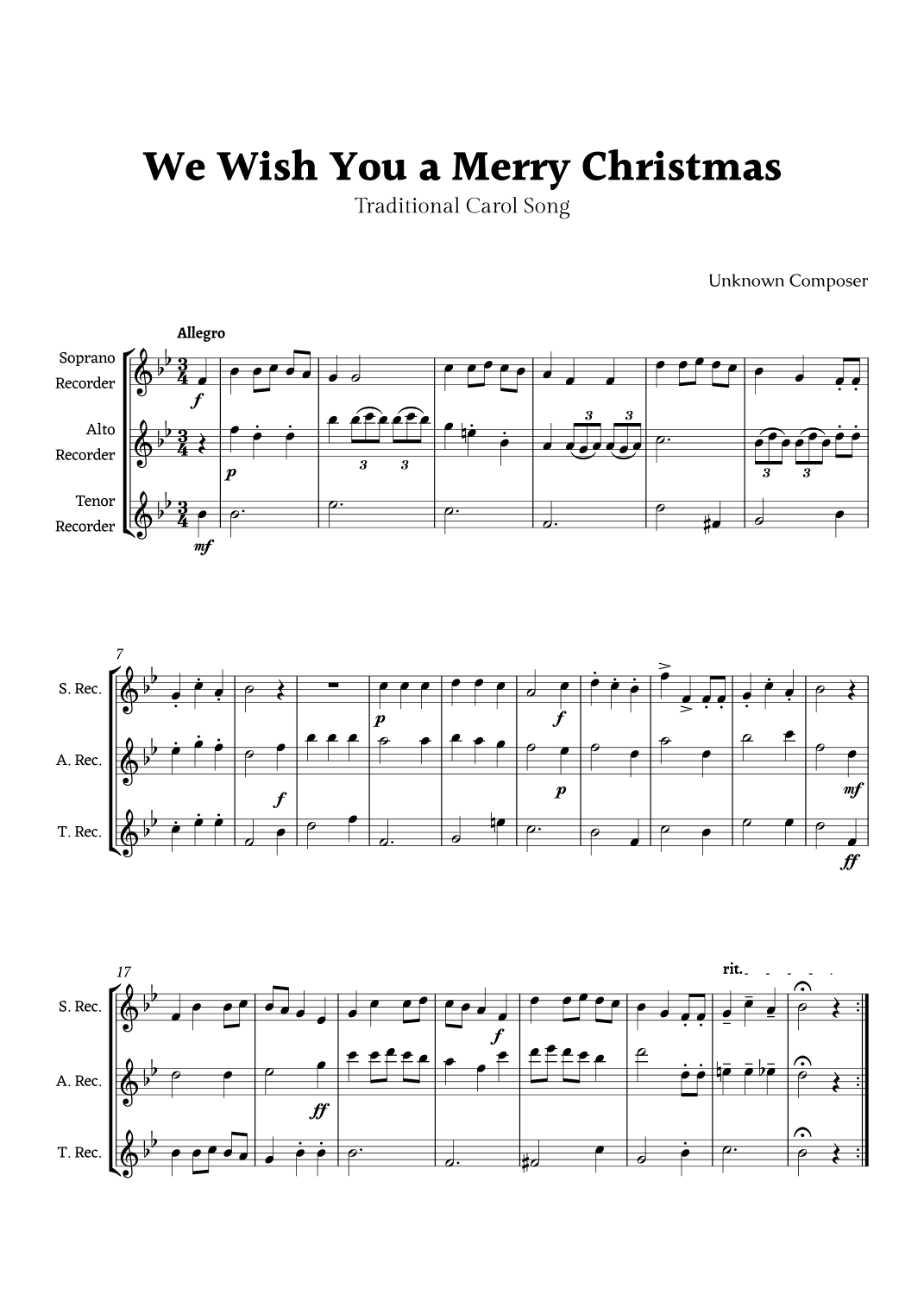 We Wish you a Merry Christmas for Recorder Ensemble Trio (arr. Rika K.)