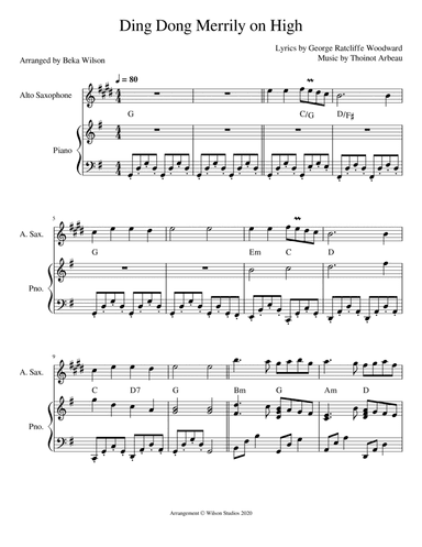Ding Dong Merrily On High--alto sax solo (arr. Beka Wilson)