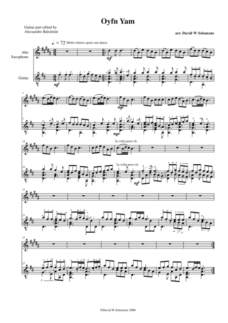 Oyfn Yam (On the sea) for alto saxophone and guitar (arr. David Warin Solomons)