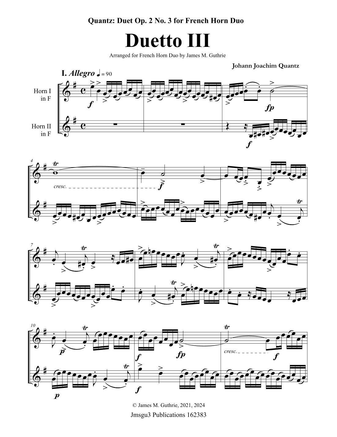 Quantz: Duetto Op. 2 No. 3 for French Horn Duo (arr. James M. Guthrie)