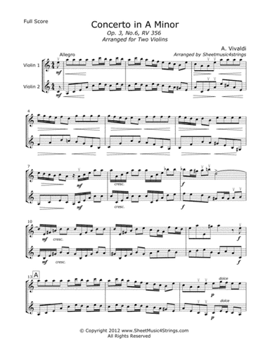 Vivaldi, A. - Concerto in A Minor Mvt. 1 for Two Violins (arr. Linda M. Scott)