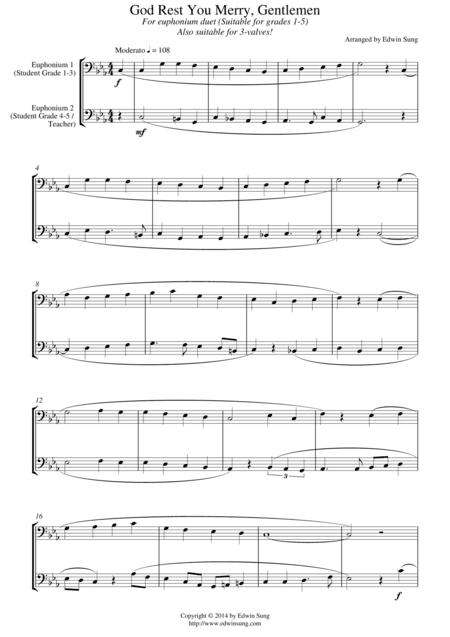 God Rest You Merry, Gentlemen (for euphonium duet (bass clef, 3 or 4 valved), suitable for grades 1- (arr. Edwin Sung)