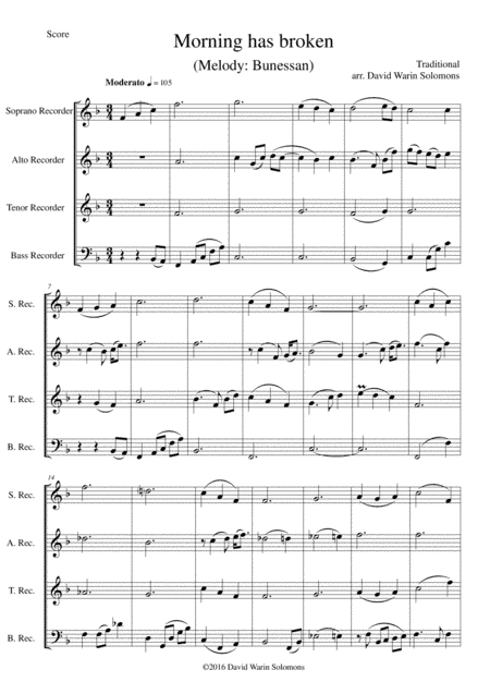 Variations on Morning has broken (Bunessan) for recorder quartet (arr. David Warin Solomons)