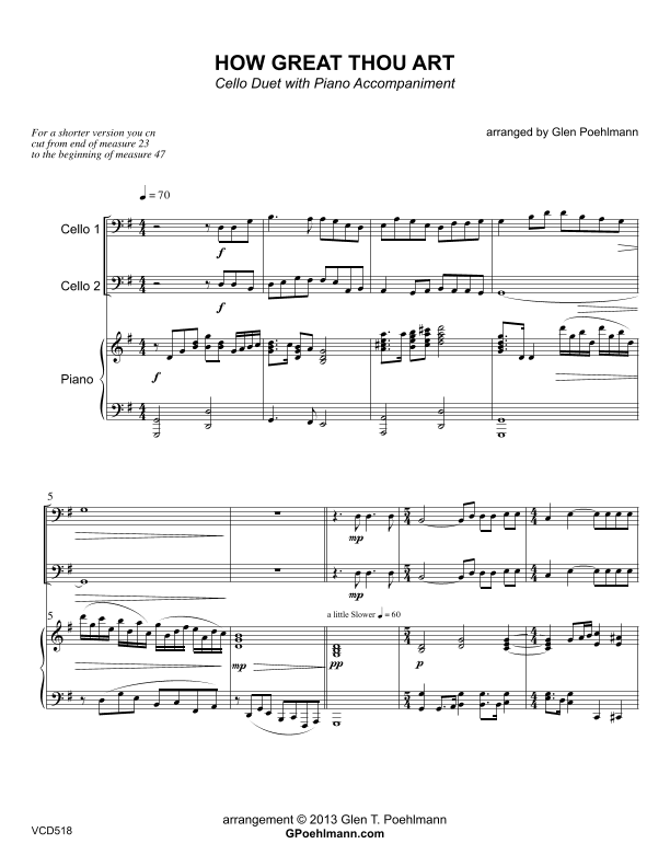 HOW GREAT THOU ART - Cello Duet with Piano Accompaniment (Grade 3-) (arr. Glen Poehlmann)