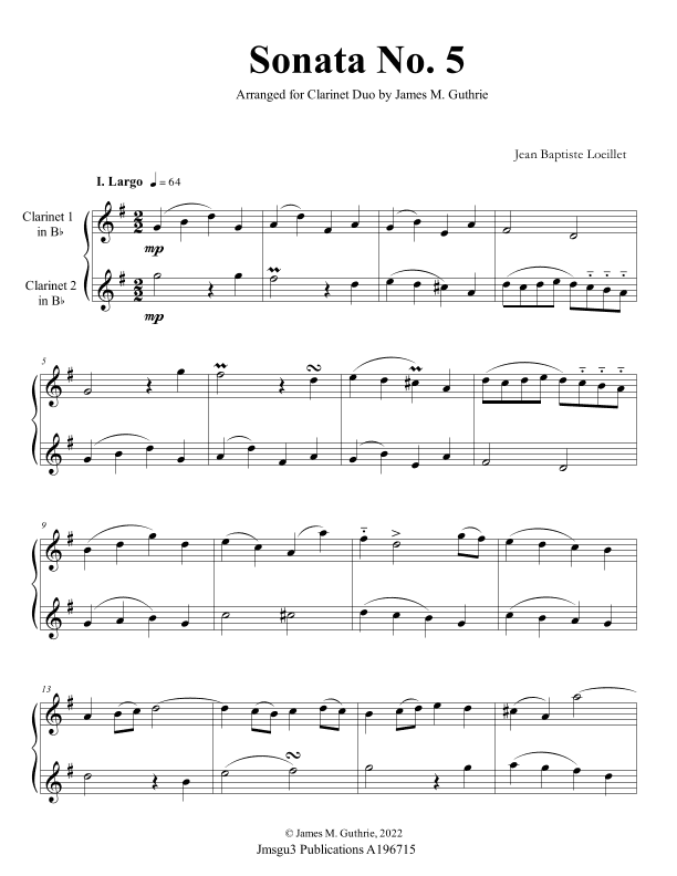 Loeillet: Sonata No. 5 for Clarinet Duo (arr. James M. Guthrie)