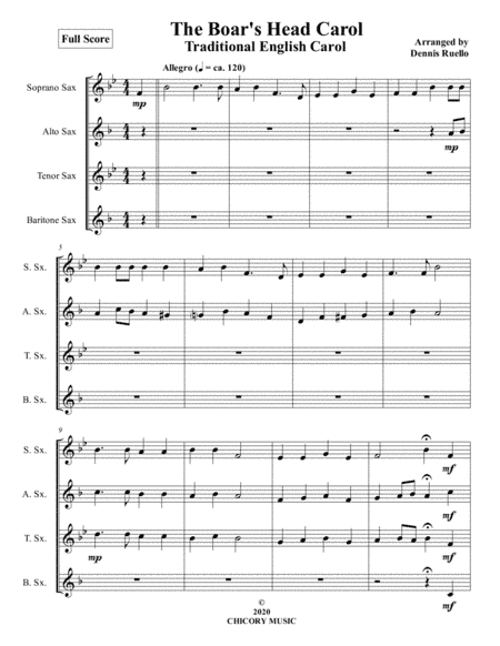 The Boar's Head Carol - Saxophone Quartet (SATB or AATB) - Intermediate (arr. Dennis Ruello)