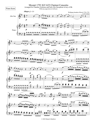 Mozart 1791 KV 622 Eb Alto Sax Concerto in key of Bb With Piano Acc. (arr. R G Roth)