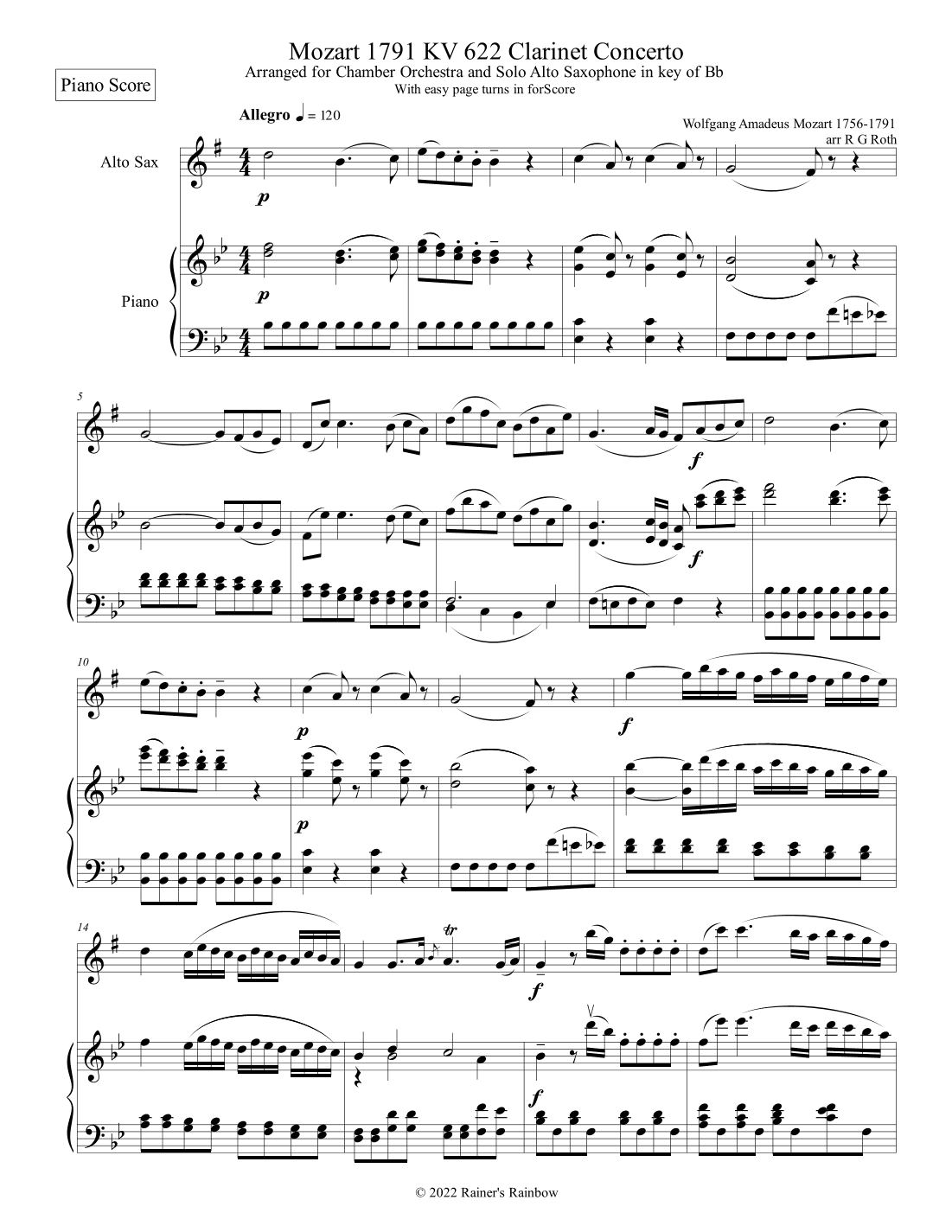 Mozart 1791 KV 622 Eb Alto Sax Concerto in key of Bb With Piano Acc. (arr. R G Roth)