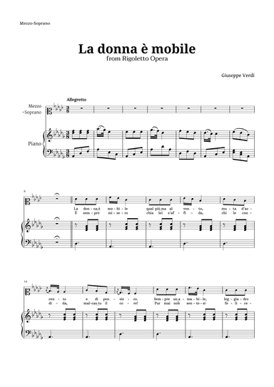 La donna è mobile in D-flat major for Mezzo Soprano and Piano (arr. Langanho)