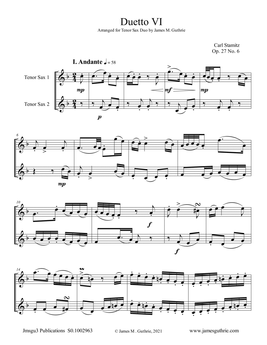 Stamitz: Duet Op. 27 No. 6 for Tenor Sax Duo (arr. James M. Guthrie)