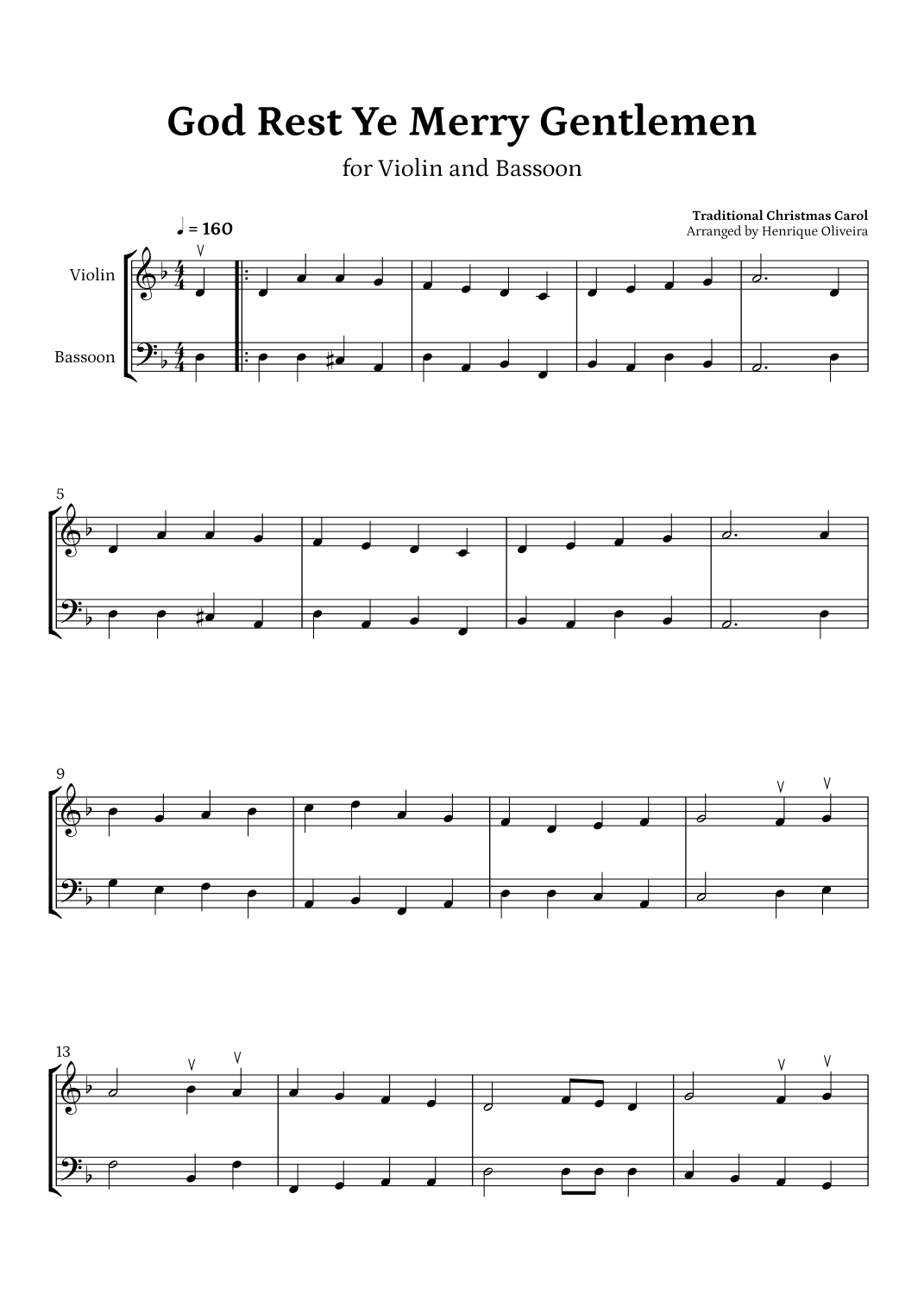 God Rest Ye Merry Gentlemen (Violin and Bassoon) - Beginner Level (arr. Henrique Oliveira)