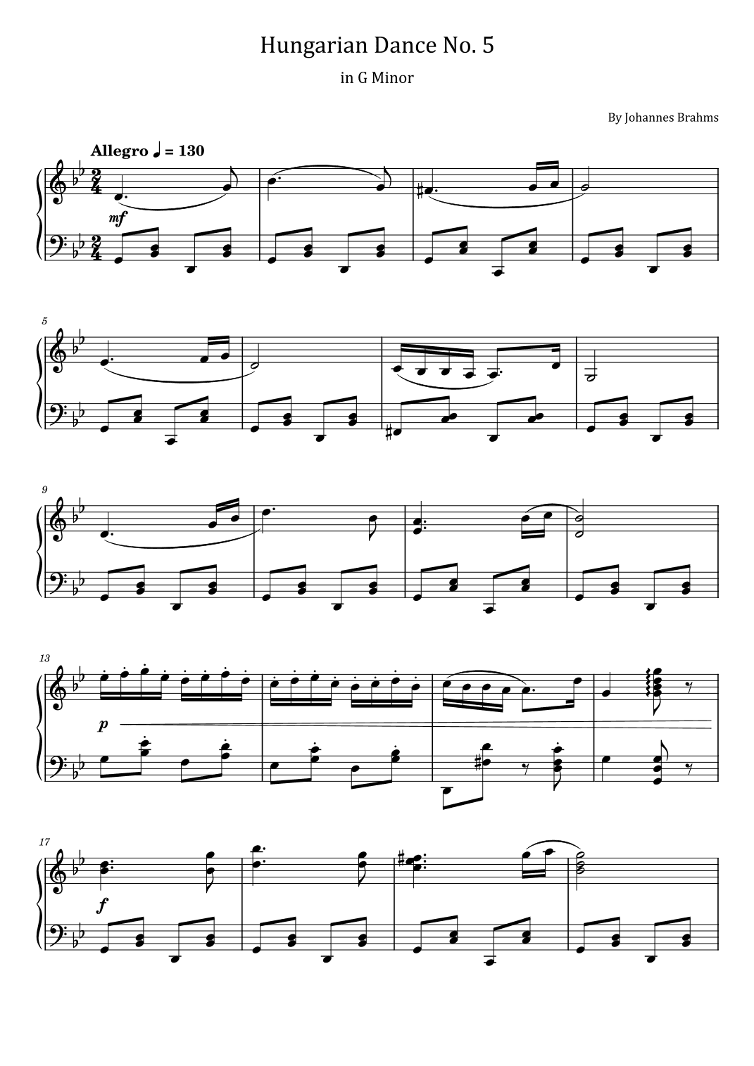Brahms - Hungarian Dance No.5 - in G Minor - For Piano Solo (arr. poon)