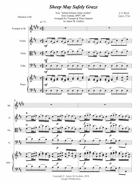 Bach: Sheep May Safely Graze for Trumpet & Piano Quartet (arr. James M. Guthrie, ASCAP)