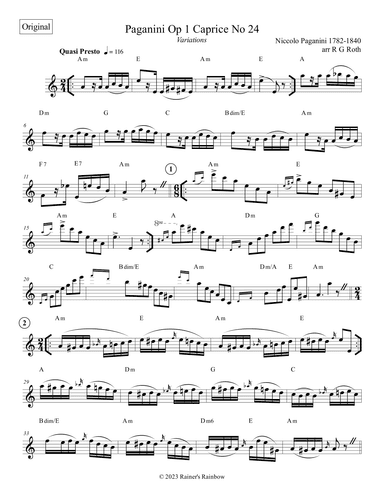 Paganini Op 1 Caprice No 24 Variations For Flute (arr. R G Roth)