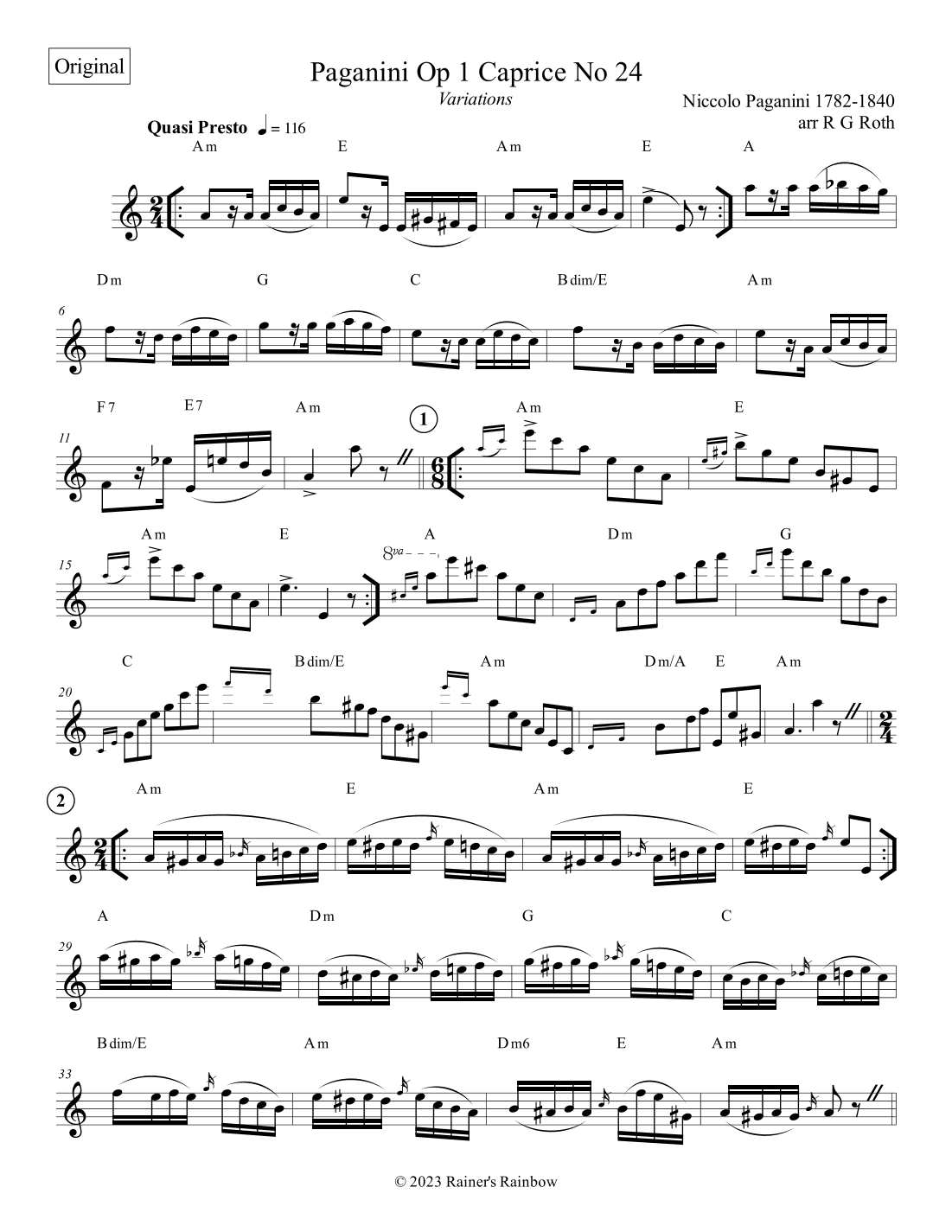 Paganini Op 1 Caprice No 24 Variations For Flute (arr. R G Roth)