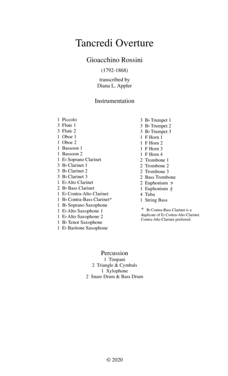 Tancredi Overture (full score) (arr. Diana L. Appler)