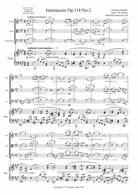 Brahms - Intermezzo Op.118 No.2 - Piano Quartet - Violin Viola Cello Piano (arr. Tim TK Murray)