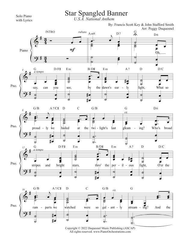 Star Spangled Banner (Key of G - Solo Piano w Lyrics) (arr. Peggy Duquesnel, Duquesnel Music Publishing, ASCAP)