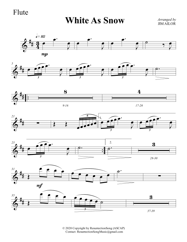 White As Snow INSTRUMENTAL PARTS (SATB, SAB, SSA, Full Orchestration) (arr. Jim Ailor)