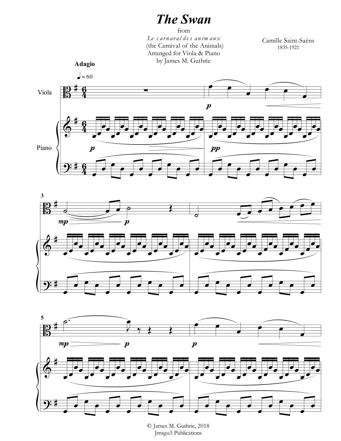 Saint-Saens: The Swan for Viola and Piano (arr. James M. Guthrie, ASCAP)