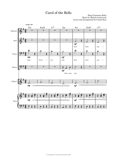 Carol of the Bells (Hear Them Ring) - SATB violin and piano with parts (arr. Connie Boss)