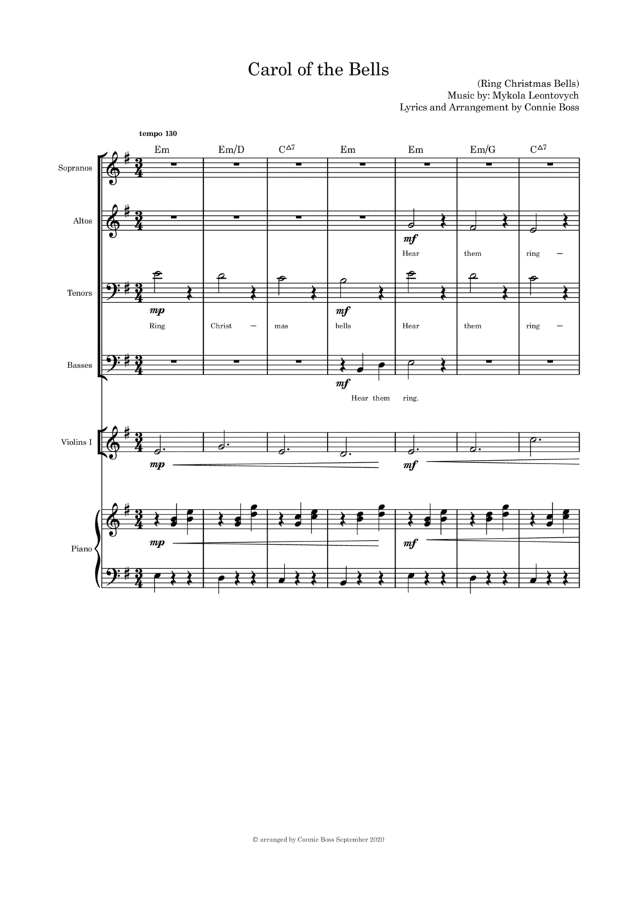 Carol of the Bells (Hear Them Ring) - SATB violin and piano with parts (arr. Connie Boss)