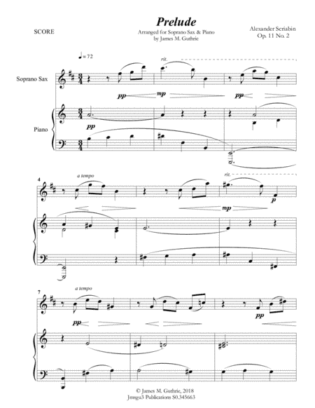 Scriabin: Prelude Op. 11 No. 2 for Soprano Sax & Piano (arr. James M. Guthrie, ASCAP)