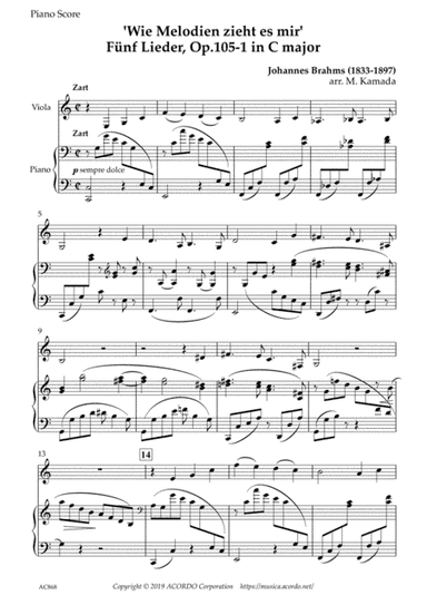 ‘Wie Melodien zieht es mir (It moves like a melody)' Op.105-1 in C Major for Viola & Piano (arr. Kamada, Mikio)