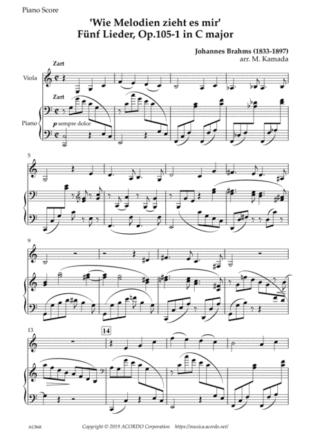 ‘Wie Melodien zieht es mir (It moves like a melody)' Op.105-1 in C Major for Viola & Piano (arr. Kamada, Mikio)